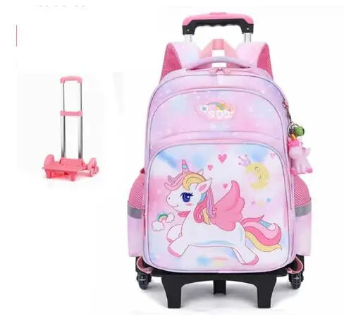 Cartable à Roulette Licorne 42cm 6 Roues Rose 6 roulettes vue de face - Cartable à Roulette