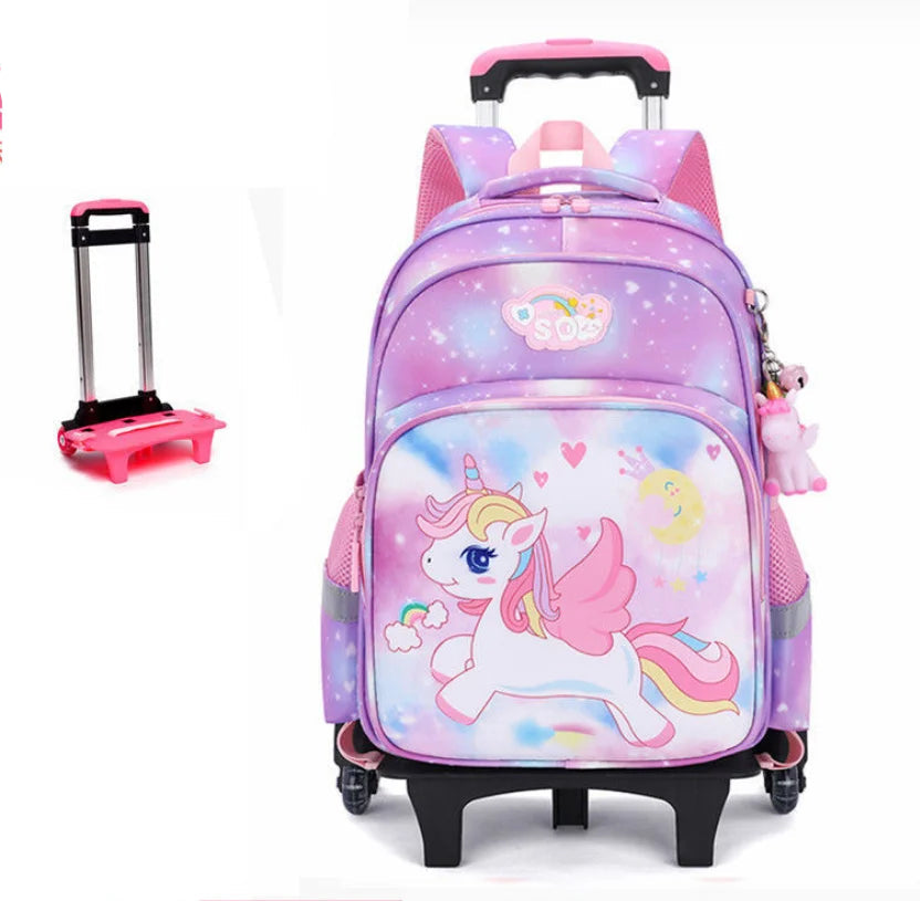 Cartable à Roulette Licorne 42cm 6 Roues Violet 2 roulettes vue de face - Cartable à Roulette