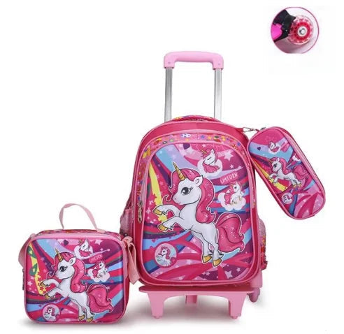 Cartable à Roulette Licorne 45cm Rose Set 2 roulettes  vue de face - Cartable à Roulette