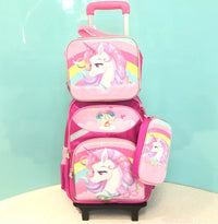 Cartable à Roulette Licorne 48cm Set Lunch Bag Imperméable Rose 2 roulettes vue de face - Cartable à Roulette