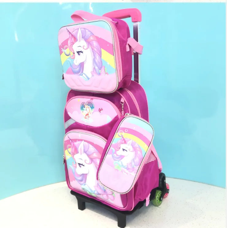 Cartable à Roulette Licorne 48cm Set Lunch Bag Imperméable Violet 6 roulettes vue latérale droite - Cartable à Roulette