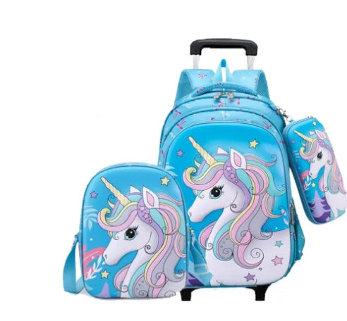 Cartable à Roulette Licorne 48cm Spacieux Bleu vue de face - Cartable à Roulette