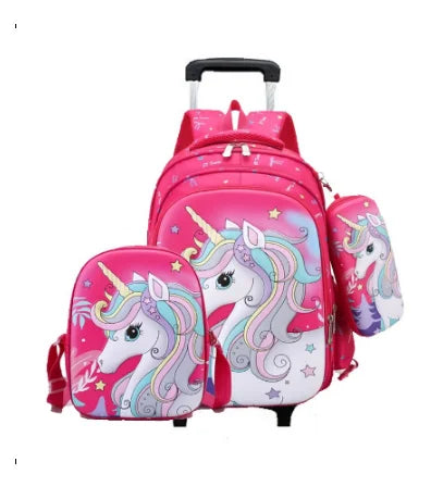 Cartable à Roulette Licorne 48cm Spacieux Rose vue de face - Cartable à Roulette