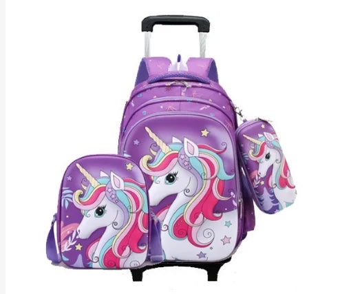 Cartable à Roulette Licorne 50cm Grand Violet vue de face - Cartable à Roulette