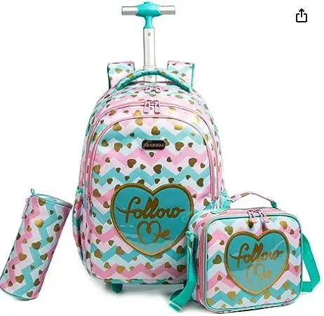 Cartable à Roulette Primaire 45cm Set 3 Pièces Bleu Blanc et Rose vue de face - Cartable à Roulette