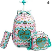 Cartable à Roulette Primaire 45cm Set 3 Pièces Bleu Blanc et Rose vue de face - Cartable à Roulette