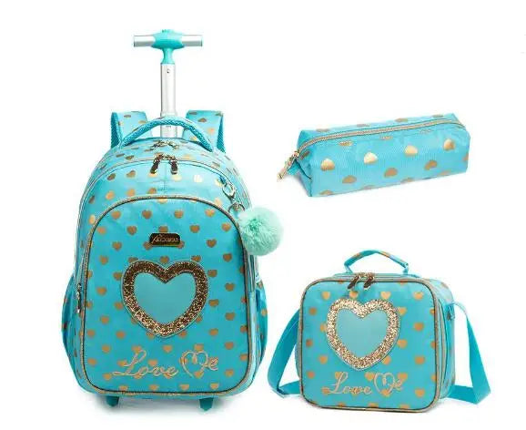Cartable à Roulette Primaire 45cm Set 3 Pièces Bleu Ciel Cœur Doré vue de face - Cartable à Roulette