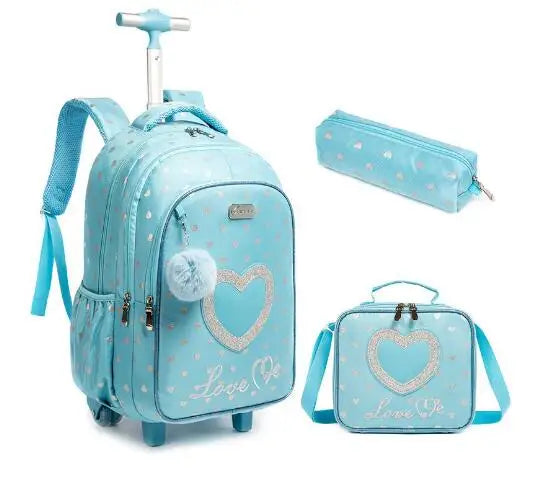 Cartable à Roulette Primaire 45cm Set 3 Pièces Bleu Ciel Cœur Gris vue  latérale gauche - Cartable à Roulette