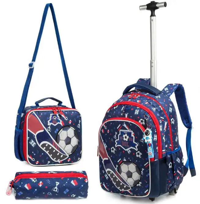 Cartable à Roulette Primaire 45cm Set 3 Pièces Bleu Football vue latérale droite - Cartable à Roulette