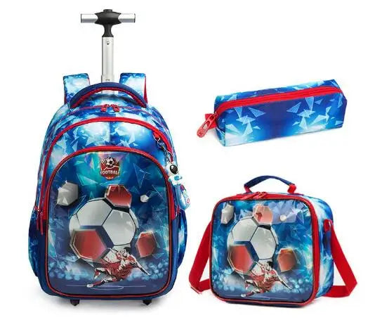 Cartable à Roulette Primaire 45cm Set 3 Pièces Bleu Football 1 vue de face - Cartable à Roulette