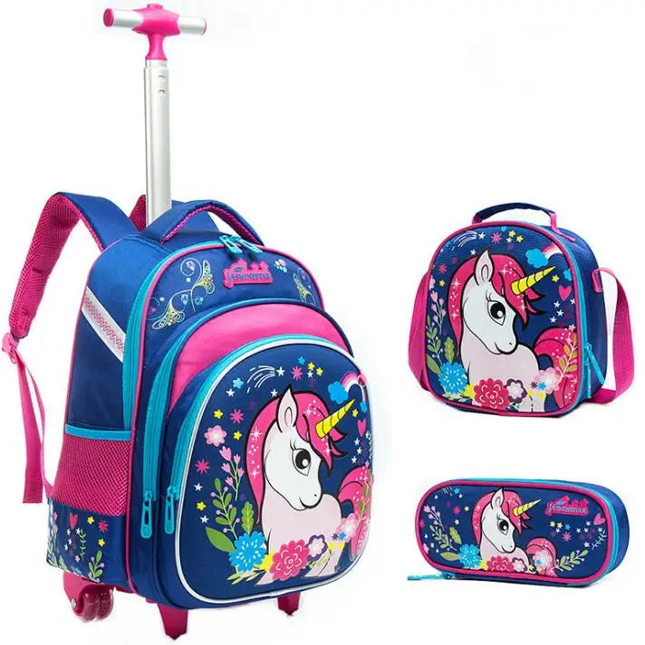Cartable à Roulette Primaire 45cm Set 3 Pièces Bleu Licorne vue latérale gauche - Cartable à Roulette
