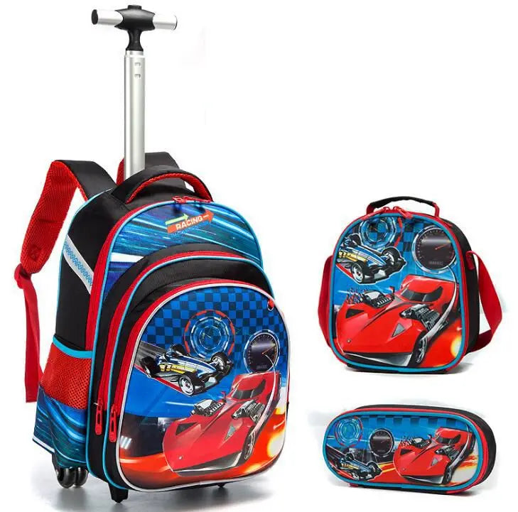 Cartable à Roulette Primaire 45cm Set 3 Pièces Bleu et Rouge Voiture vue latérale gauche - Cartable à Roulette