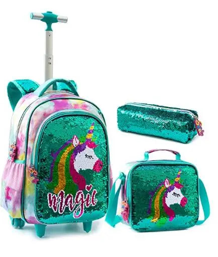 Cartable à Roulette Fille 46cm Paillettes Set 3 Pièces