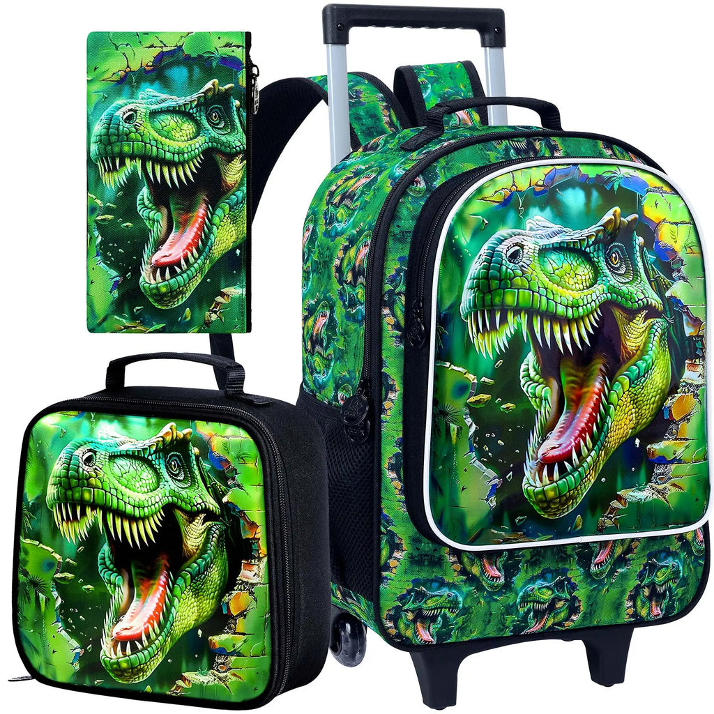 Cartable à Roulette Dinosaure 43cm Vert T-Rex Set