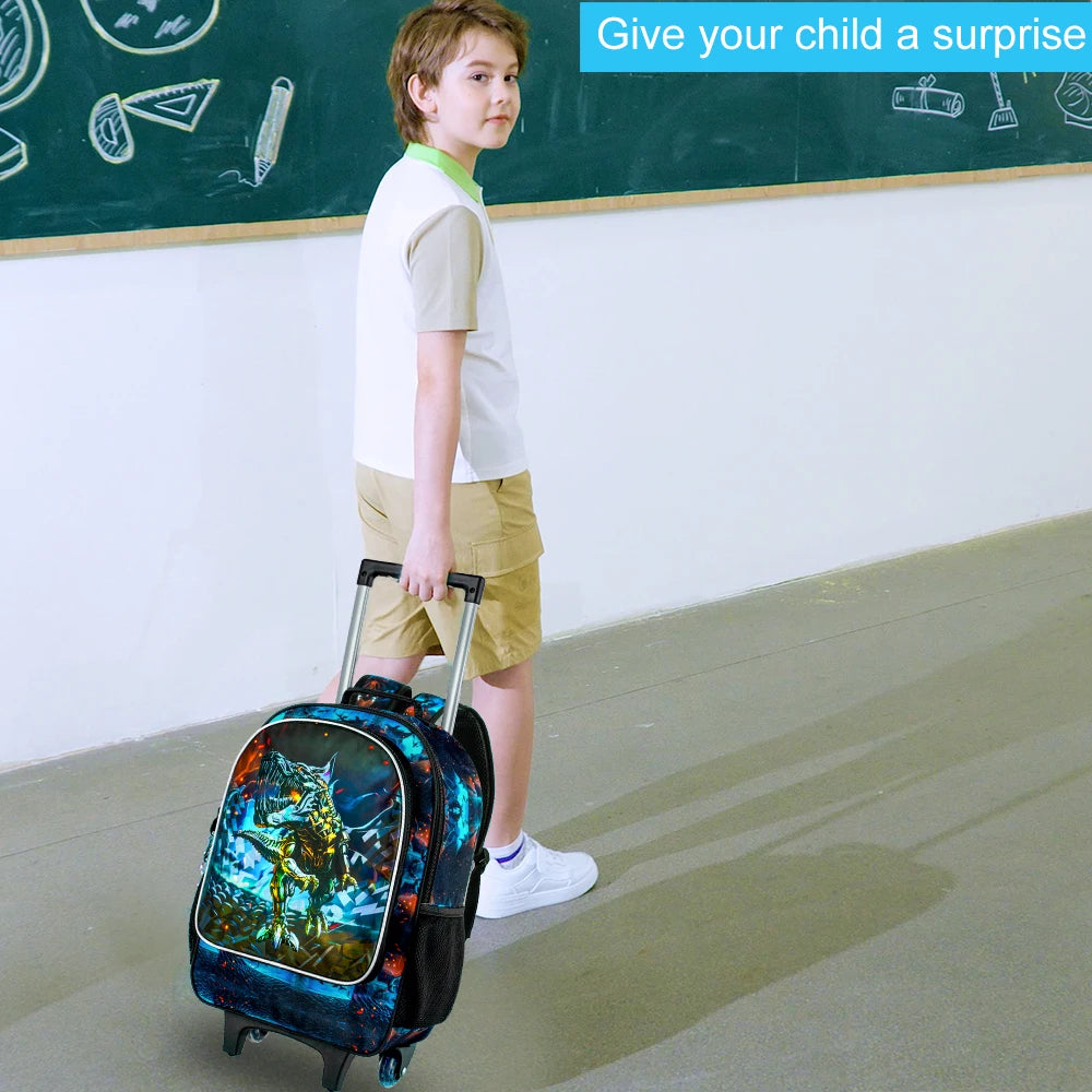Cartable à Roulette Dinosaure 47cm Set 3 Pièces
