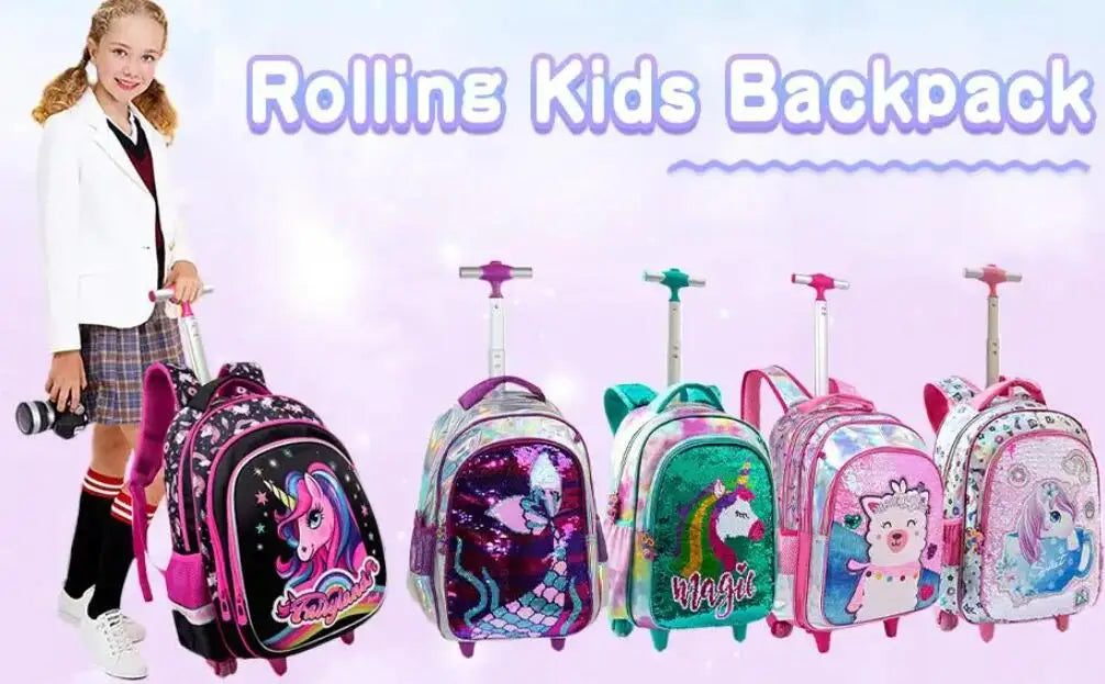 Cartable à Roulette Fille 46cm Paillettes Set 3 Pièces