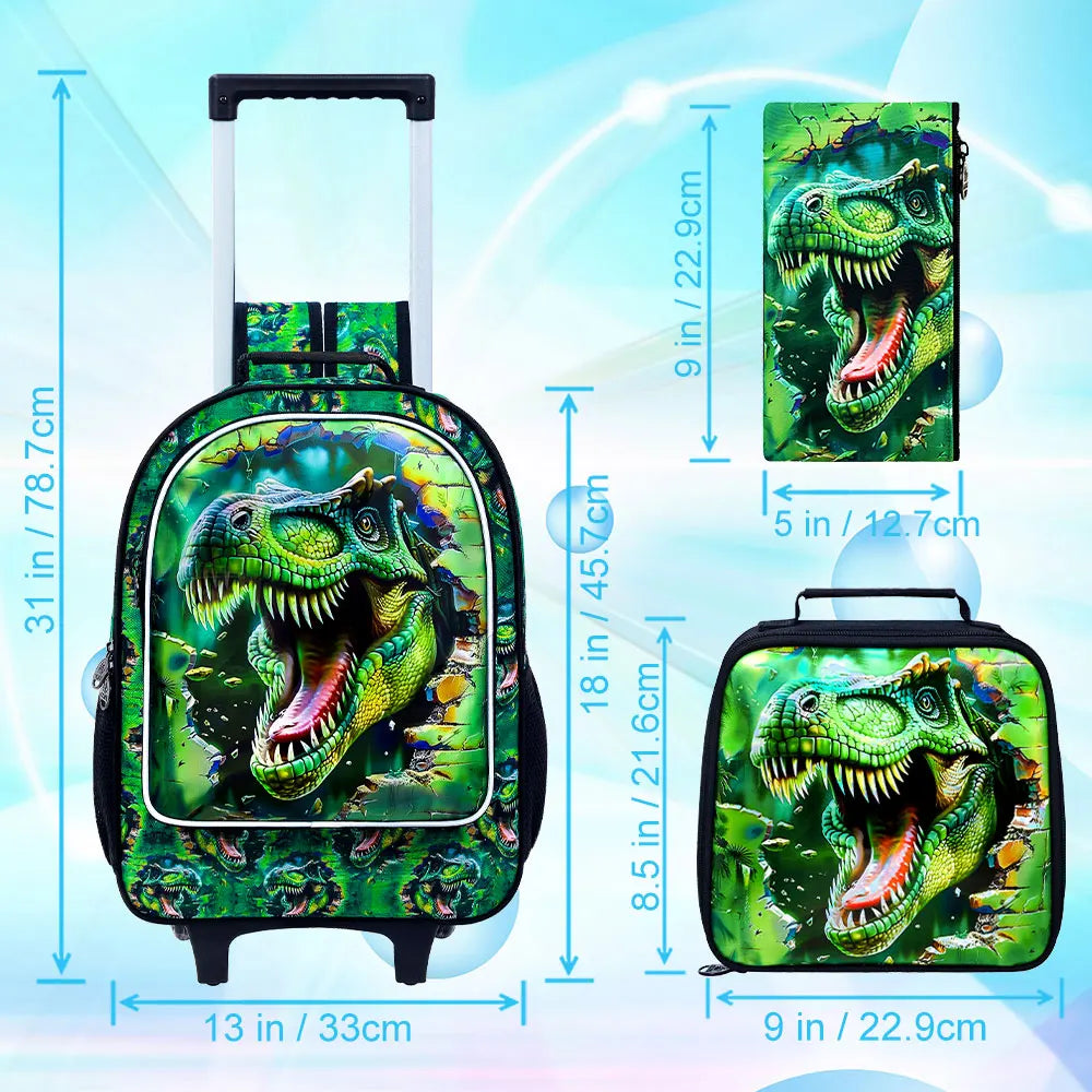 Cartable à Roulette Dinosaure 43cm Vert T-Rex Set