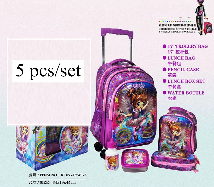 Cartable à Roulette Fille 43cm Set 5 Pièces