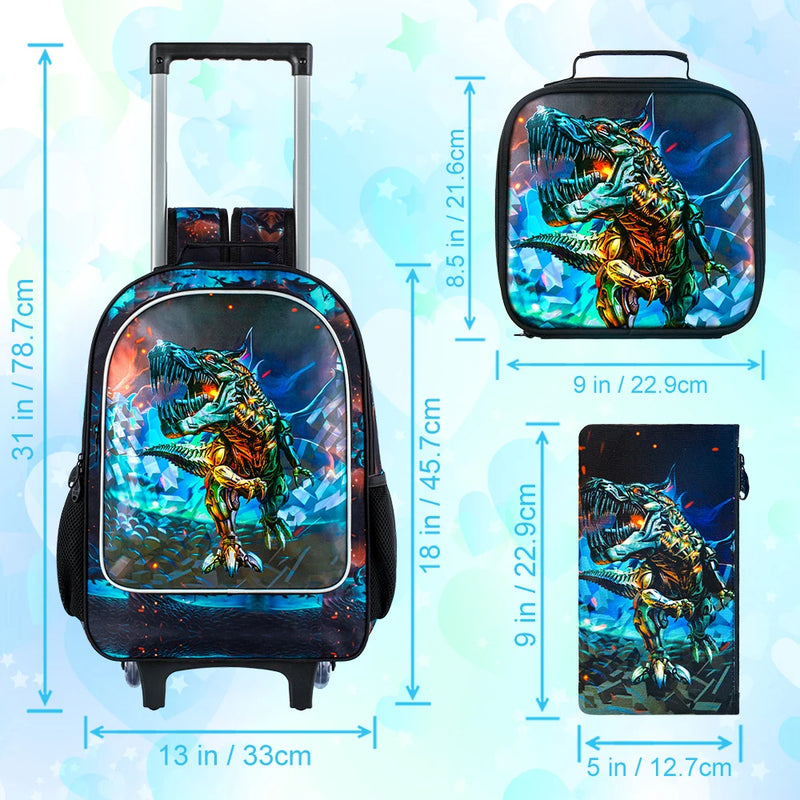 Cartable à Roulette Dinosaure 47cm Set 3 Pièces