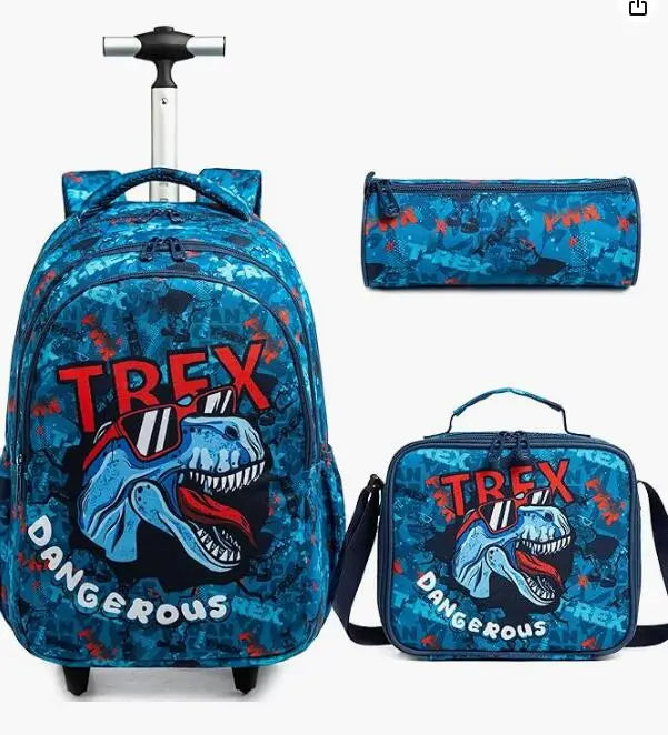 Cartable à Roulette Dinosaure 45cm Set 3 Pièces
