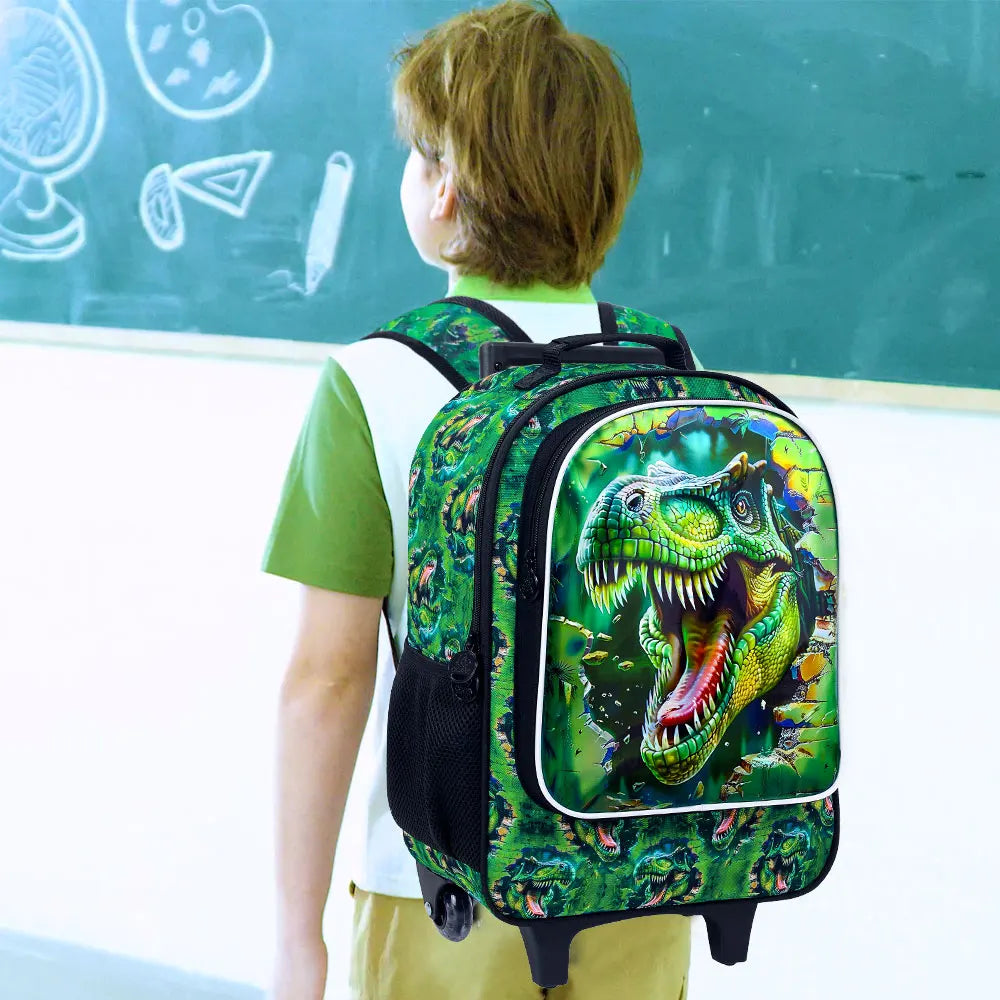 Cartable à Roulette Dinosaure 43cm Vert T-Rex Set
