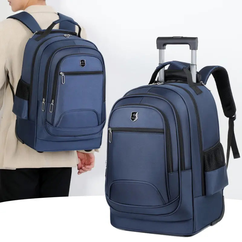 Sac à Roulette Adulte Business 50cm Compartiment Ordinateur Bleu vue sur mannequin et latérale droite - Cartable à Roulette