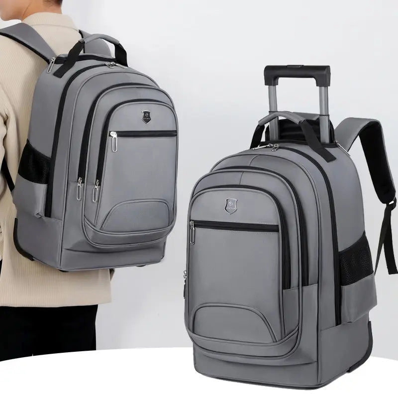 Sac à Roulette Adulte Business 50cm Compartiment Ordinateur Gris vue sur mannequin et latérale droite - Cartable à Roulette