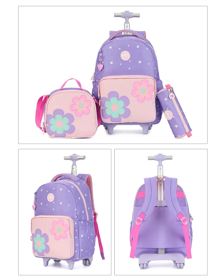 Cartable à Roulette Fille 45cm Grand Format Set 3 Pièces