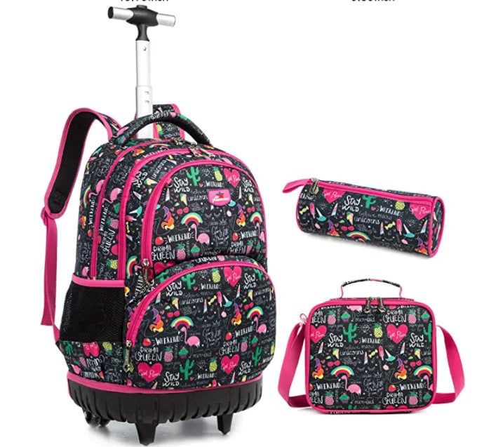 Cartable à Roulette Fille 48cm Imperméable Set 3 Pièces