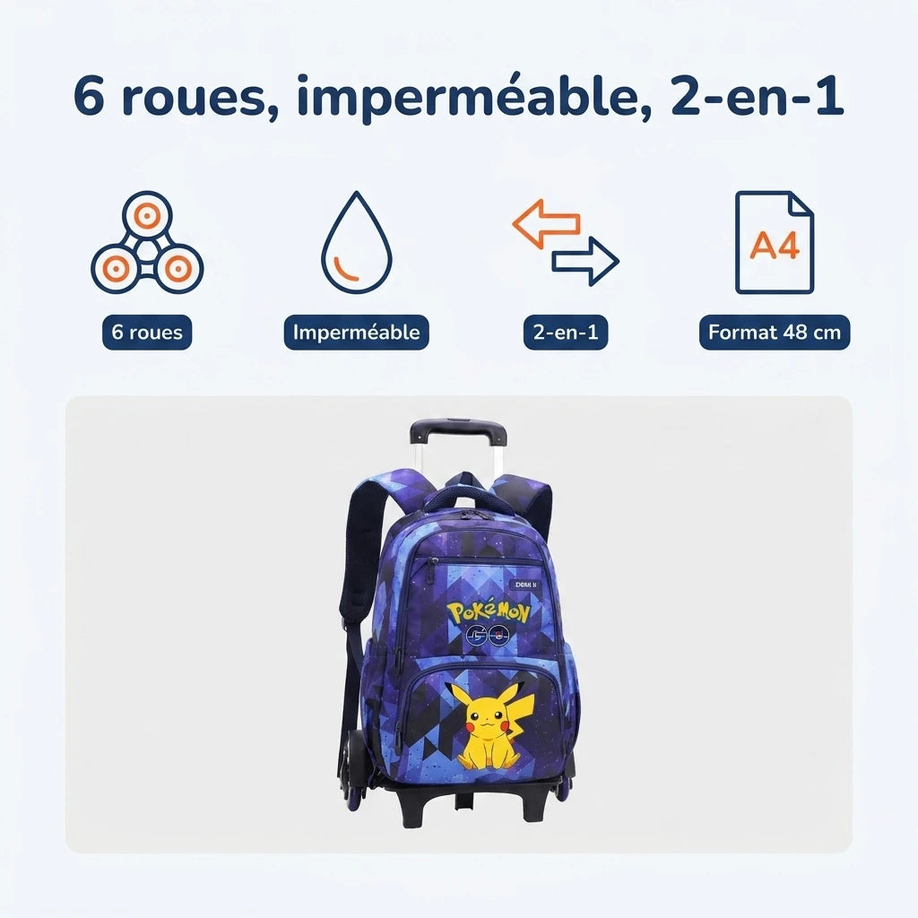 Cartable à Roulette Pokémon 48cm 6 Roues Imperméable