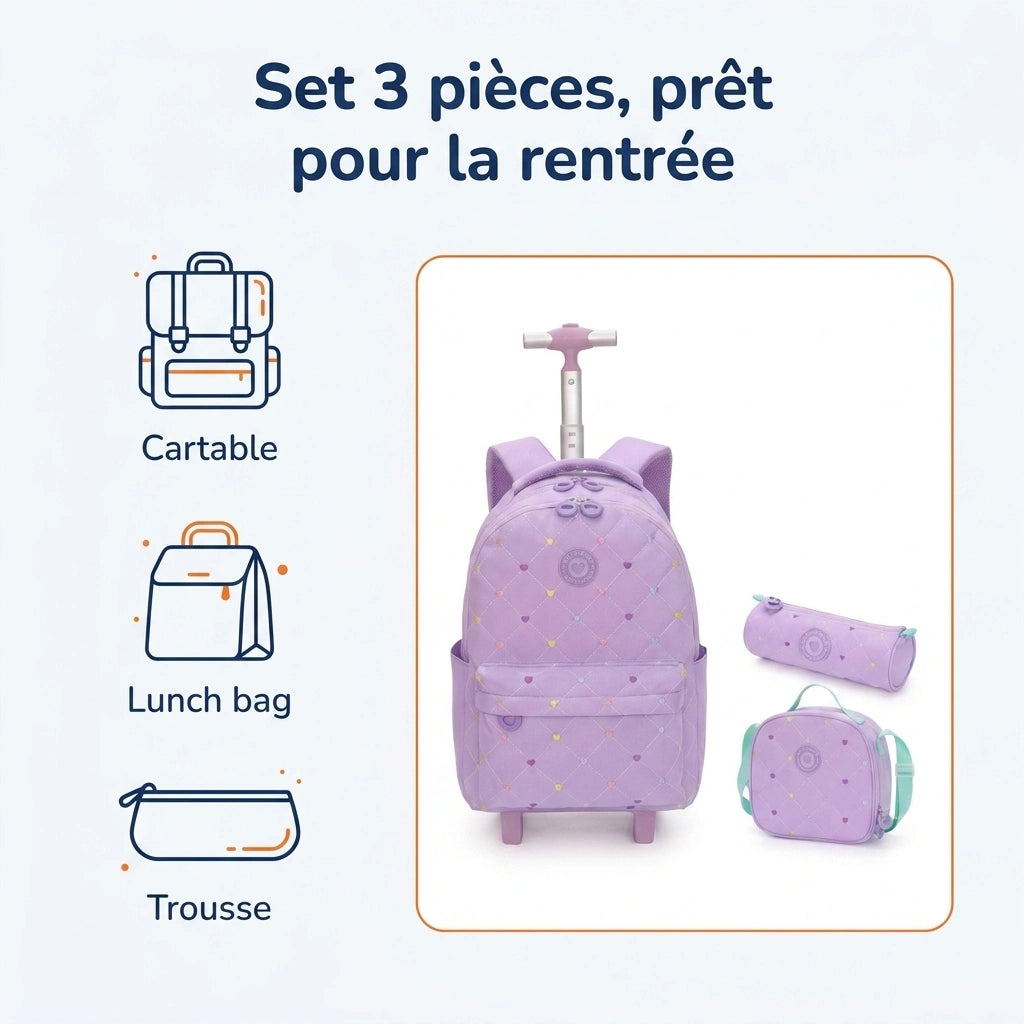 Cartable à Roulette Fille 52cm Grand Format Imperméable