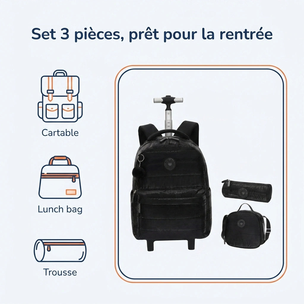 Cartable à Roulette Fille 18 Pouces Set 3 Pièces