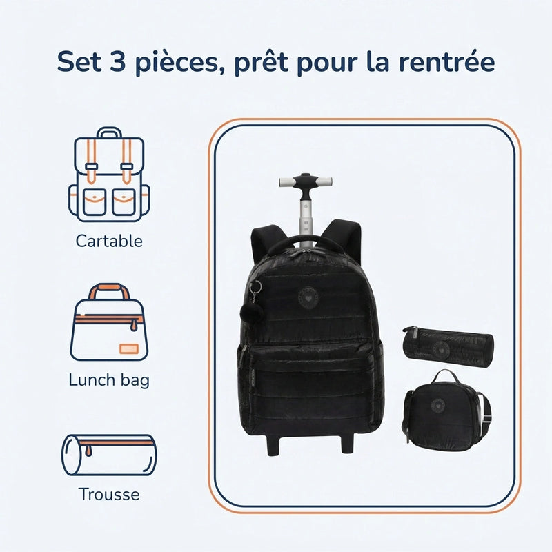 Cartable à Roulette Fille 18 Pouces Set 3 Pièces