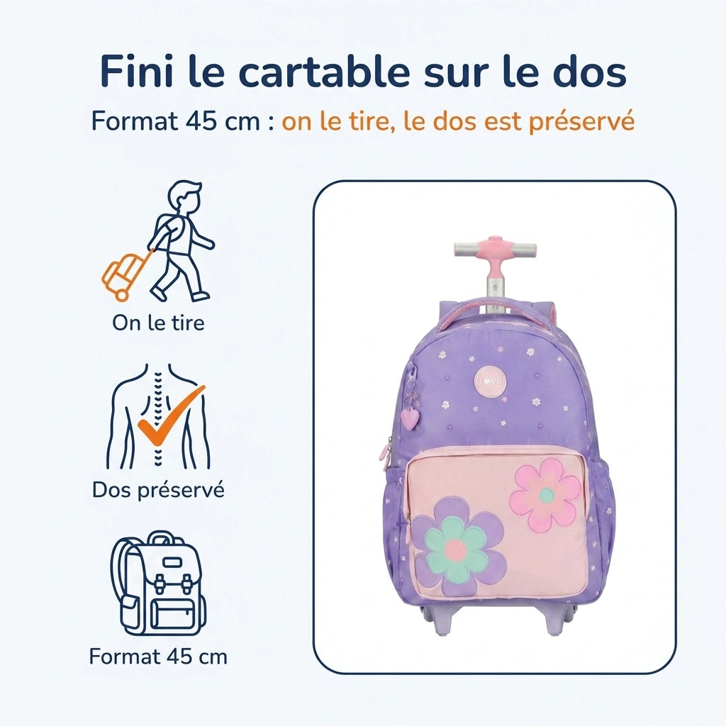 Cartable à Roulette Fille 45cm Grand Format Set 3 Pièces
