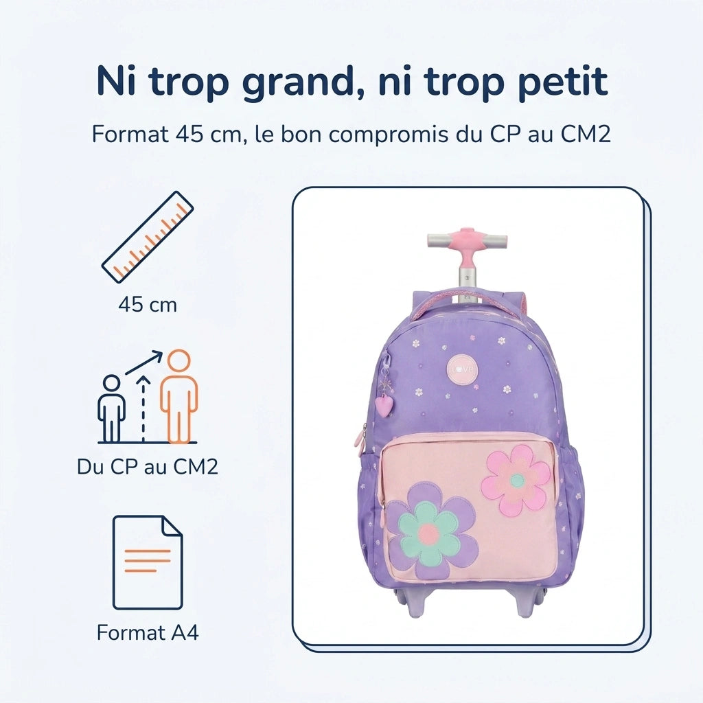 Cartable à Roulette Fille 45cm Grand Format Set 3 Pièces